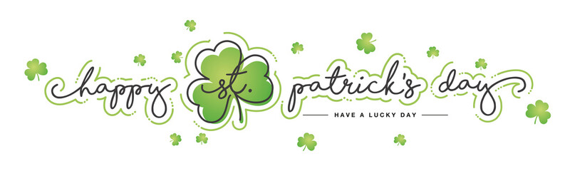 Happy St Patricks Day new 2021 handwritten typography lettering line design clover green clovers isolated white background banner