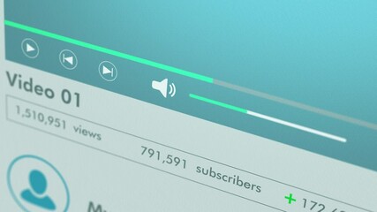 close-up view of a computer monitor, video channel template with increase of views and subscribers, light theme (3d render)
