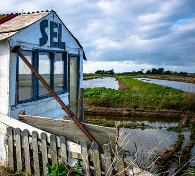 Vendée, France; January 15, 2021: photo of an old abandoned salt hut, in the salt marshes of Noirmoutier island.
