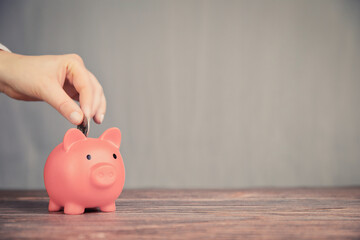 Human Hand Putting Coin In Piggy Bank on blurred background, Saving, business,financial concept copy space