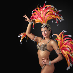Beautiful showgirl in carnival suit with rhinestones and feathers.