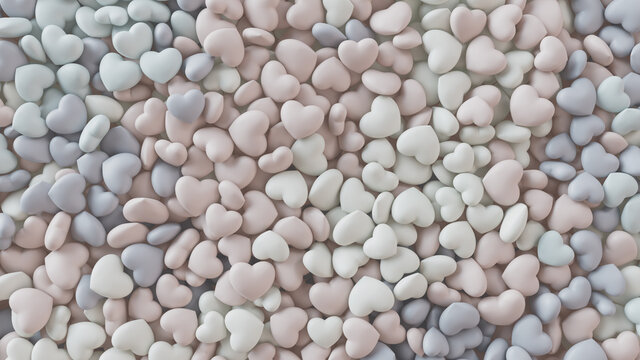 Multicolored Heart background. Valentine Wallpaper with White, Pink and Blue love hearts. 3D Render 