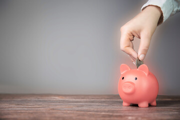 Human Hand Putting Coin In Piggy Bank on blurred background, Saving, business,financial concept...
