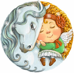 Colorful illustration of a round shape. A cute little ginger angel is sleeping peacefully on the back of a white horse. The concept of winter, sweet dreams, tranquility and relaxation.