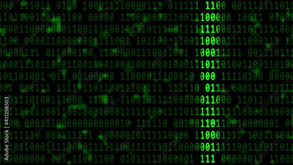 Poster abstract motion over varying green binary code background in 4k - brightening via light bar in horiz