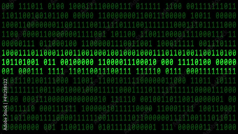 Poster abstract motion over varying green binary code background in 4k - brightening via light bar in verti