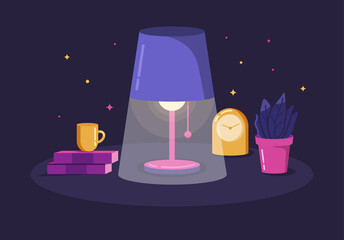 A workplace with a shining lamp on the table flat vector illustration. Night office room.