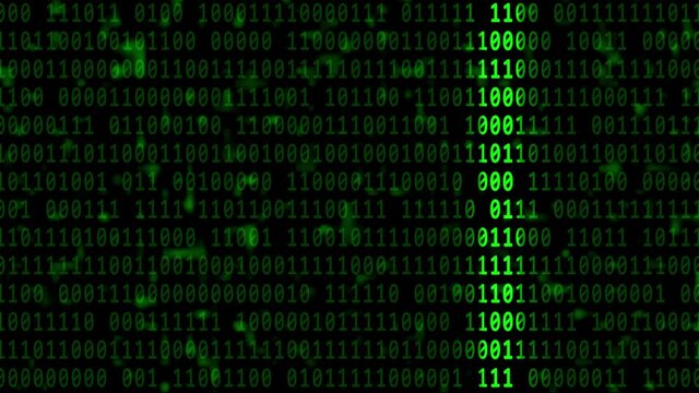 Abstract motion over varying green binary code background in 4K - brightening via light bar in horizontal movement