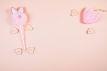 Valentine's Day, composition of hearts on a pink background. View from above