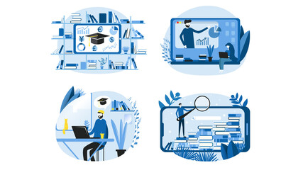 Set of flat illustrations on the topic of online learning, data analysis and information retrieval. Vector icons for website development.