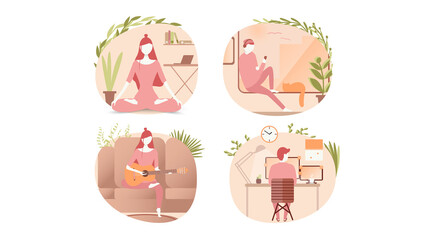 Stay at home concept. The girl plays the guitar, does yoga, the guy with the smartphone and works at the computer. Set of home activities illustrations