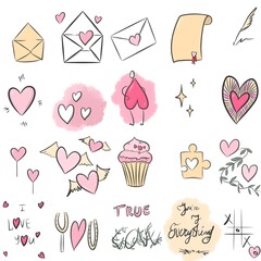 20 stickers set for St Valentine s Day in pink, light-pink and light yellow color on white background