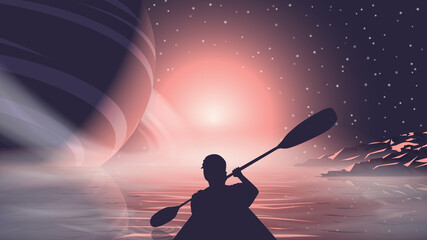 Silhouette of a man with oars floats in a boat on the water against the background of the sun, space and planets © Павел Феоктистов