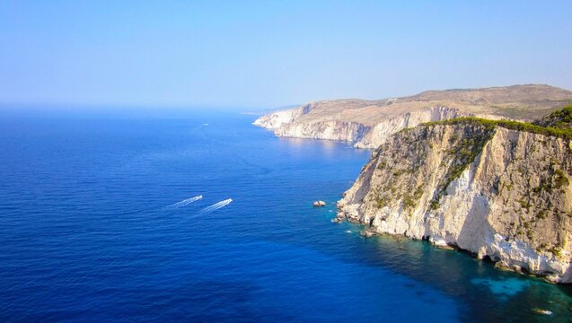 Beautiful west cliff coast at Zakynthos (Zante) island. Rocky steep cliffs on the wild western Zakynthos. Kambi Schiza bay, Ionian Island, Greece, Europe