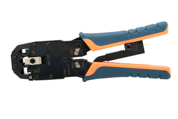 Crimp tool isolated on white background, use for twisted pair network cable with multiple RJ-45 connectors