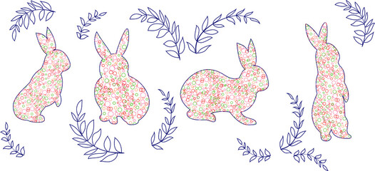 Set of silhouettes of easter bunnies full of bubbles. Line art. Group of icons. Vector illustration