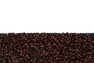 Coffee beans, roasted coffee beans isolated on half white background
