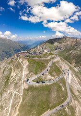 Aerial drone shot of serpentine high alpine road Taxenbacher Fusch up to Edelweissspitze in Grossglockner in Austria