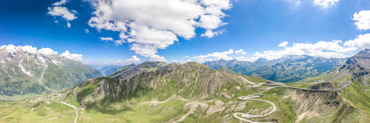 Aerial panoramic view of serpentine Taxenbacher Fusch high alpine road in Grossglockner in Austria