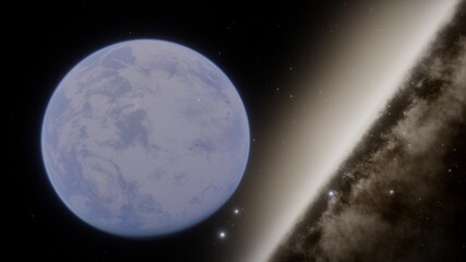Plakat super-earth planet, realistic exoplanet, planet suitable for colonization, earth-like planet in far space, planets background 3d render