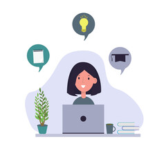 Woman is working infront of computer. Online education, remote work concept. Outsource. Freelancer. Educational web seminar, internet classes. Student Learning Online at Home. Ideas in the head
