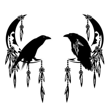 mystical raven bird and moon crescent decorated with tribal ornament - esoteric spiritual black and white vector design set