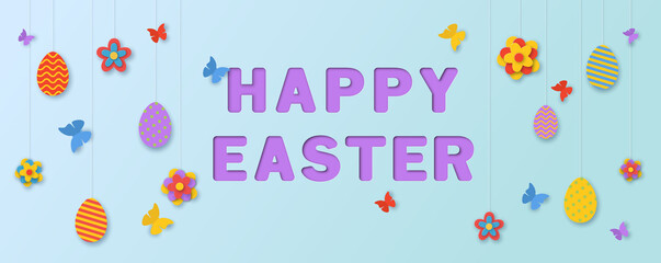 Happy Easter paper cut banner template. Holiday concept design for greeting card, poster, flyer, web with eggs, flowers and butterfly on blue background. Vector illustration. Colorful 3D carving art