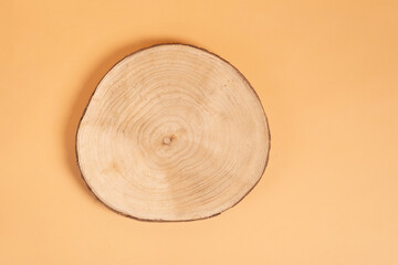 Wood slice. wood stump section on beige background. Natural organic eco-friendly beauty product...