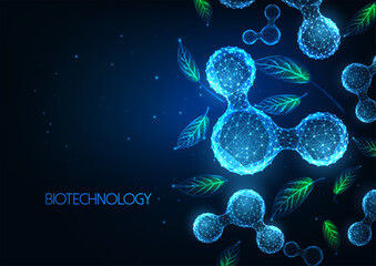 Futuristic biotechnology, green chemistry science banner concept with low polygonal molecules - obrazy, fototapety, plakaty