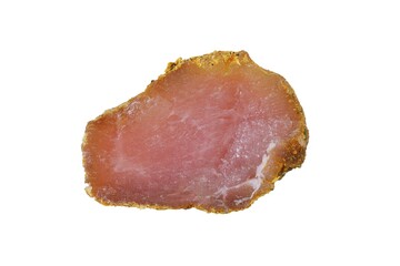 jerky meat isolated on white background. Single piece of dried jerky isolated on a white background, top view