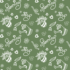 Vector seamless pattern with  watering can, flowers, letters and hearts in doodle style. White outlines, green background. For fresh and delicate spring decoration