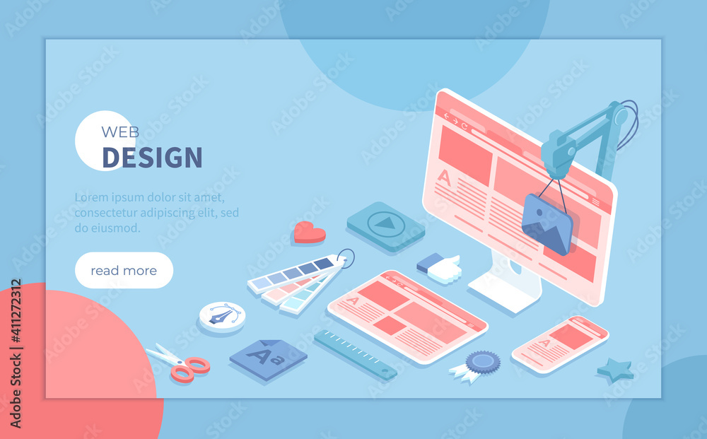 Wall mural web design. website landing page for monitor, laptop, tablet, phone. creating ui ux website design. 