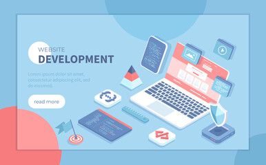 Website Development Programming Coding. Design, user experience UX, user interface UI. Website layout elements, photo, video, program code, site wireframe.  Isometric vector illustration for banner
