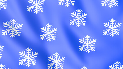 Fabric background is blue with snowflakes in 3d. Winter design canvas with waves from the wind.