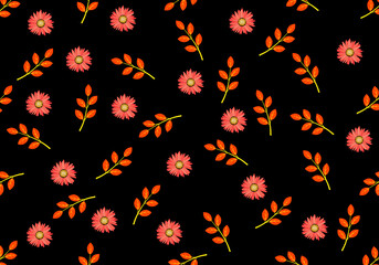Fototapeta na wymiar Patrón de flores y ramas en tonos naranjas, amarillo y verde sobre fondo negro