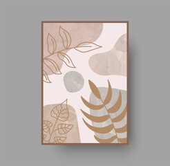 Abstract minimal boho poster design. Botanical wall art vector background with foliage drawing. Pastel watercolor background with abstract shapes for luxury bohemian insterior. Wall art exotic element