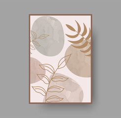 Abstract minimal boho poster design. Botanical wall art vector background with foliage drawing. Pastel watercolor background with abstract shapes for luxury bohemian insterior. Wall art exotic element