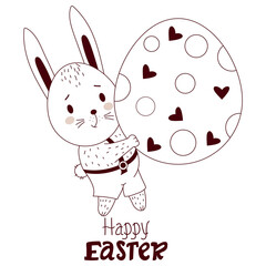 Happy Easter card with Easter bunny. A cute hare boy in pants with a large Easter egg. Vector illustration, outline. Cute animal for Easter design