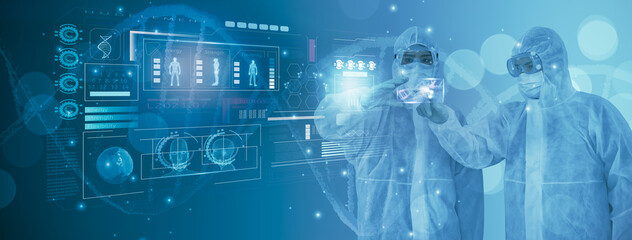 Doctor or scientist using smart visual interface screen,information molecule and DNA helix structure,virus,stem cells,cell sample ,concept healthcare,medical,science,technology,biology development