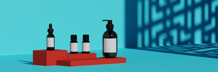 Minimal beauty mockup for product presentation. Cosmetic bottle and red podium with Chinese pattern shadow on blue background. 3d render illustration. Clipping path of each element included.