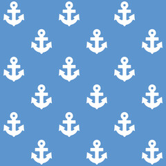 White anchors and blue background. Nautical seamless patterns. Template for fabric or wrapping. Sea. Ocean. Sailor. Marine.