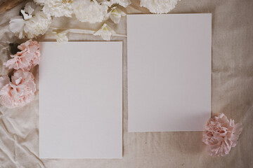 Wedding Invitation Cards on Beige Background with White and Pink Carnations Elegant Shabby Chic Wedding, Spring Wedding