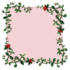 Square frame with cowberry watercolor painting