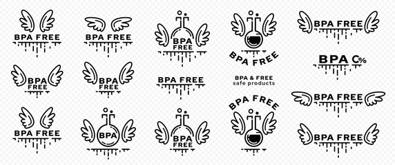Concept for plastic products. Marking - no bisphenol A. Chemical flask icon with wings, BPA abbreviation and a line of flowing ingredient - a symbol of freedom. Vector set.