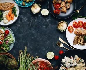 arrangement of different food on a dark surface