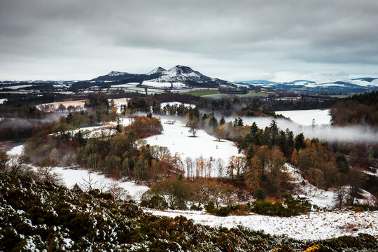 Scotts view with the Eildons in the background in winter covered in snow