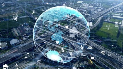 Global connection and internet network modernization in smart city . Concept of future 5G wireless digital connecting and social media networking .