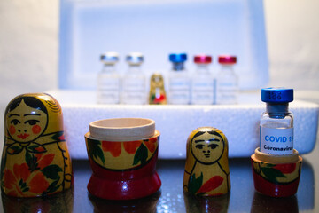 pool of russian covid 19 vaccines in a cold box for preservation and transportation matrioshkas