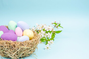 Easter colored eggs in a nest made of hay on a blue background. Seasonality concept, spring, postcard, holiday. Flat lay, copy space, space for text. Close-up.