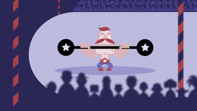 Complete circus scene displaying ferris wheel and and characters like strongman weightlifting, tamer with a fire ring and lion, contorsionist and juggler. 4k Motion graphics cartoon animation